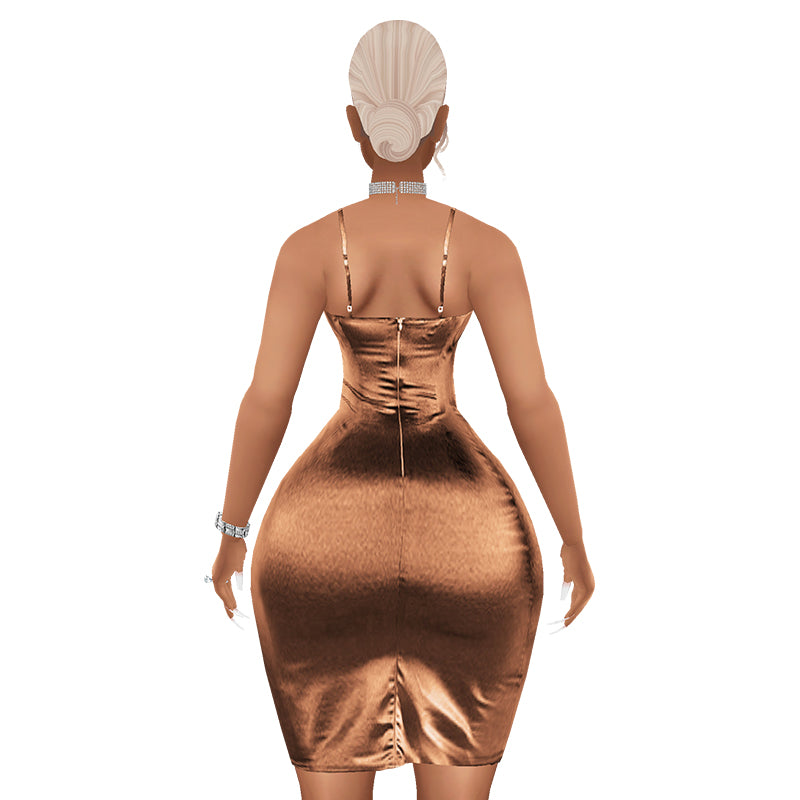 Trophy Wife Satin Dress - Caramel